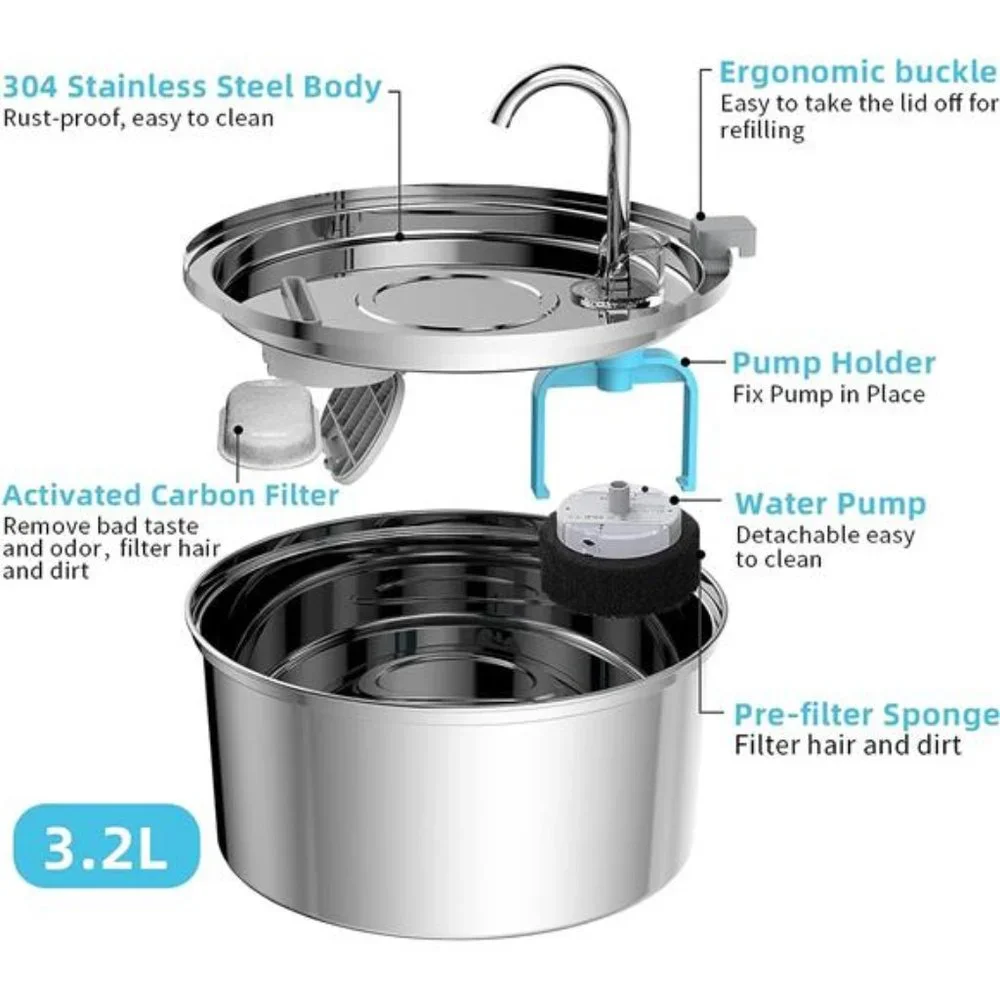 Cat Water Fountain, 3.2L/108oz Automatic Stainless Steel Pet Fountain Dispenser